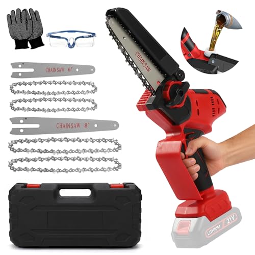 Mini Kettensäge 6&8 Zoll, Akku Kettensäge Kompatibel mit Milwaukee 18V, Handkettensäge Akku mit Automatischer Öler und Sicherheitsschloss für Gartenscheren Astschere Holzschneidenz (ohne Akku) (Rot)