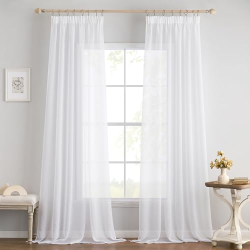 EMEMA 2er Set Sheer Voile Vorhang mit Kräuselband Transparente Gardine aus Voile Polyester Transparent Wohnzimmer Luftig Dekoschal für Schlafzimmer 140 X 245 cm (B x H) Weiß