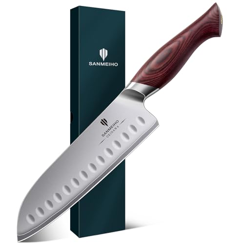 SANMEIHO Profi Santoku Messer küchenmesser 18cm - Japanischer Hochcarbonstahl 10Cr15Mov mit 12° extrem scharfer Klinge & Ergonomischem Pakkaholzgriff - Kochmesser für Fleisch, Gemüse, Fisch