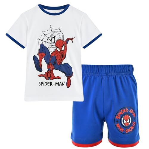 Disney Spider-Man Jungen Set, T-Shirt und Shorts, 100% Baumwolle, Weiß und Blau, Avengers Fanmode, Größen 98-128, bequem, Sommer, Marvel (Weiss, 104)