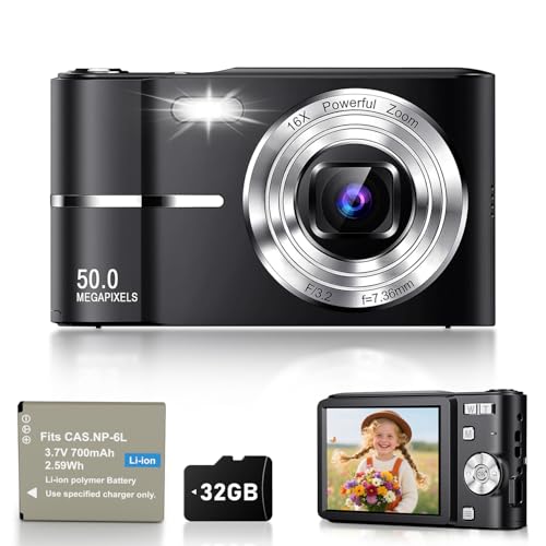 EJXHKNF 4K Digitalkamera für Fotografie, Autofokus 50MP Vlogging Kamera mit Anti-Shake, 16X Zoom Compact Point and Shoot Digitalkamera für Teenager Erwachsene Anfänger mit 2 Batterien, 32GB Karte