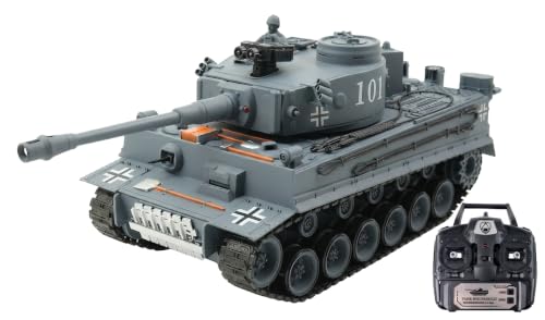 efaso Ferngesteuerter Panzer German Tiger I grau Maßstab 1:18, RC Panzer mit Schussfunktion Rauch und Sound RTR mit LED Lichtern