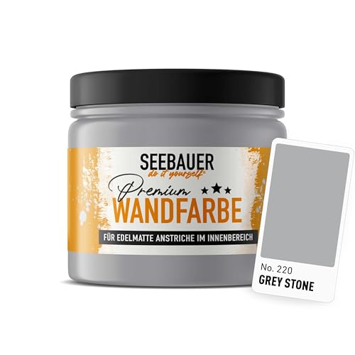 SEEBAUER diy Wandfarbe Grau 300ML für Innen (No. 220 Grey Stone) Edelmatte graue Innenfarbe - Grautöne sehr hohe Deckkraft - Matt, Abwaschbar und Tropffrei