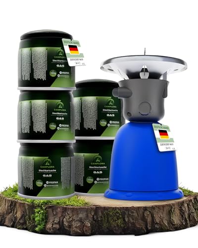 CAMPLORA Gaskocher + 5 Stechgaskartuschen - Campingkocher mit Gaskartuschen | Piezo-Zündung 1,1 kW Campingkocher für Stechgaskartuschen 190g, 1 flammig, mini gas stove