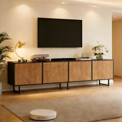 eisaro TV Lowboard 180 cm mit 4 Türen, Fernsehschrank für bis zu 80 Zoll, modernes Lowboard in Holzoptik & Schwarz, TV Sideboard mit viel Stauraum, Wohnzimmer Schrank stehend