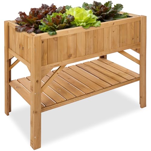 tectake® Hochbeet aus Holz mit Ablagefach, für Garten, Balkon und Terrasse, Innenleben mit Pflanzfolie ausgestattet, witterungsbeständig, 119 x 53 x 90 cm