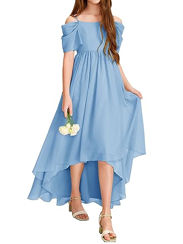 Haloumoning Mädchen Kleider Schulterfrei Sommer Festlich Kleid Kinder Einfarbig Partykleid Elegant Blumenmädchenkleid Geburtstag Trägerkleid, Blau, 10-12 Jahre