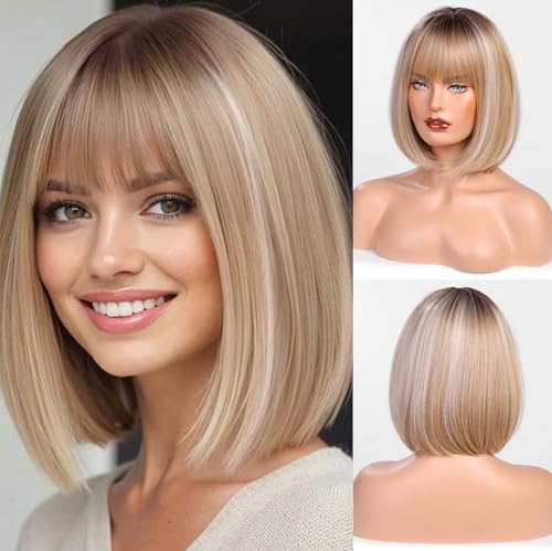 HAIRCUBE Gerade Kurze Charmante Bob mit Bangs Perücken für Frau Natur Hitzebeständige Synthetische Faser Party/Cosplay/Kostüm/Tägliche Perücke (ombre blond mit Highlight)
