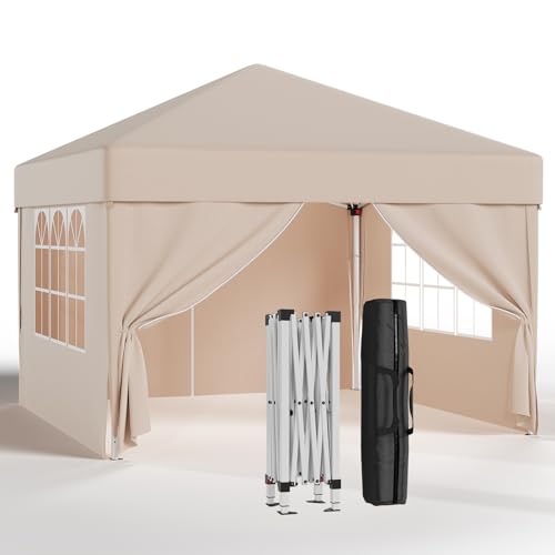 JUMMICO Pavillon 3x3 Wasserdicht Stabil Winterfest Höhe Verstellbar,Faltpavillon mit 4 Seitenwänden,Pavillion UV Schutz 50+,Gartenpavillon Faltzelt für Garten, Innenhof, Camping,Gazebo Beige