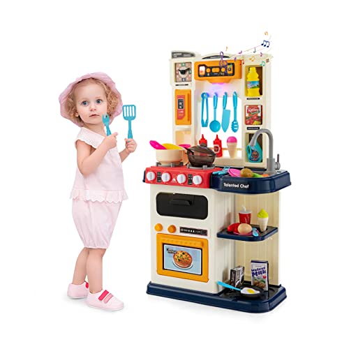 HOMASIS Spielküche mit 38 Zubehör, Kinderküche mit Licht Musik & Sound, Spielzeugküche mit Wasserpumpe Spüle Mikrowelle Ofen Herd, Kinderspielküche Eckküche für Kinder ab 3 Jahren (Blau)