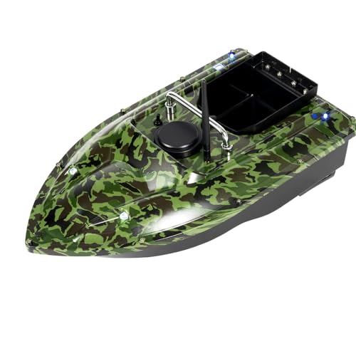 Fischköderboot 5200mA 13000RPM Tarnung, 500M Köderboot Futterboot,1,5KG Beladung Fischköder Boot mit Tempomatsystem,Doppelmotor Nachtangeln Futterboot mit Faltbarer Griff Batterieanzeige Fernbedienung