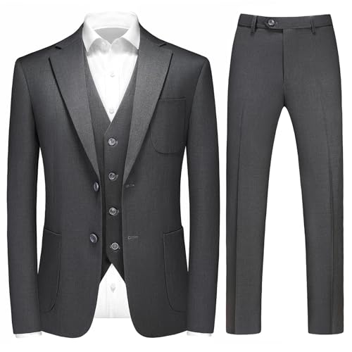 MODFUL Anzug Herren 3 Teilig Slim Fit Business Casual Einreihig Smoking Modern Hochzeitsblazer Weste Hosen (Dunkelgrau, XXL)