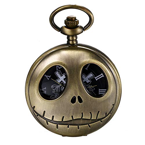 JewelryWe Taschenuhr Herren mit Schädel Totenkopf Skelett & Kreuz Römische Ziffernblatt, Quarz Analog Uhr mit Kette Halskette Halloween
