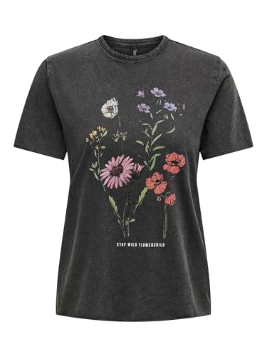 ONLY Damen Onllucy Reg S/S Top JRS Noos, Black/Print:flowerchild, L