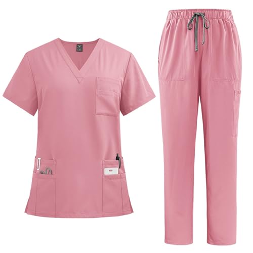 Generisch Damen Medizinische Arbeitskleidung Set Krankenschwester Kurzarm Uniform Mit Hose Für Altenpflege Krankenpflege Rosa XL