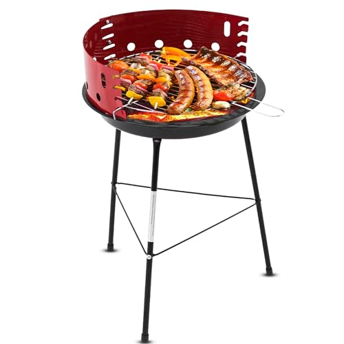 Muntel Holzkohlegrill, Ø 37 cm, Dreibein, BBQ, Kohlegrill für Barbeque Camping, Terrasse, Picknickgrill, Grill mit Windschutz, Rundgrill, Schwarz/Rot