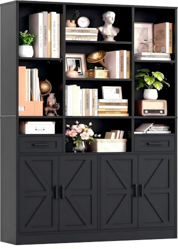 IRONCK Bücherregal Bücherschrank, Regal Holz mit Türen & Schubladen, 10 verschiedengroße Fächern, Einstellbar Hochschrank Vitrinenschrank Standregal Wohnzimmer Büro Schlafzimmer 108x30x190cm Schwarz