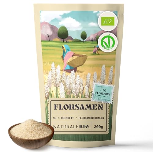 NaturaleBio Flohsamenschalen Gemahlen, 99% Reinheit, 200g natürliche Flohsamen Bio, Psyllium Samenschalen, Naturbelassen, rein, Ballaststoffreich, Vegan, Zum Auflösen in Wasser, Getränken und Säften.