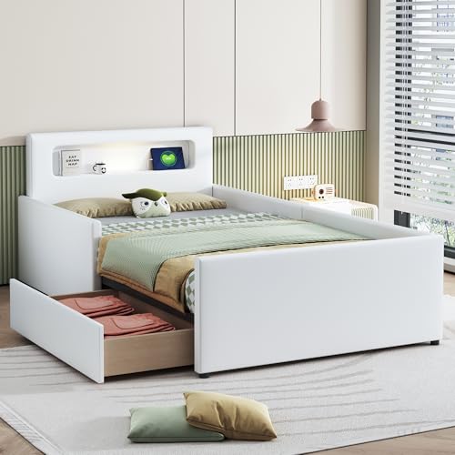 Dolamaní Modern Jugendbett 90x200 cm Polsterbett, Bett mit Lattenrost & Stauraum, Polster Kopfteil mit LED Nachtlicht & USB-Ladeanschluss, Kunstleder, Kinderbett für Jungen & Mädchen (Weiß)