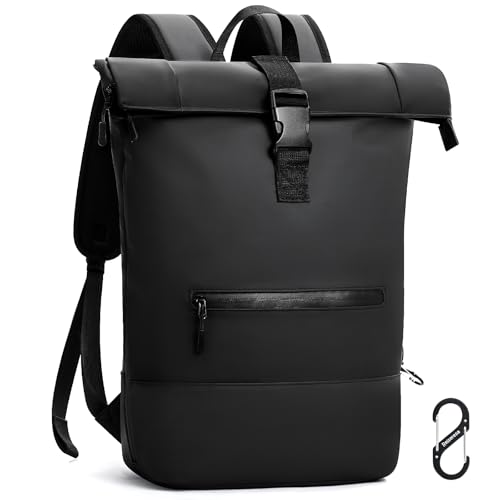 Reiseresa Rolltop Rucksack Herren Damen Wasserdicht Große Laptop Rucksack Reiserucksack mit Multifunktionale Kletterschnalle für Reisen, Arbeit, Uni Schule (Schwarz-1) (Schwarz, L)
