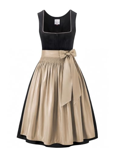 DIRNDLSTERN Trachtenmode Damen Schwarz - Midi Trachtenkleid mit Dirndlschürze Oktoberfest Damen Outfit Schwarz 44