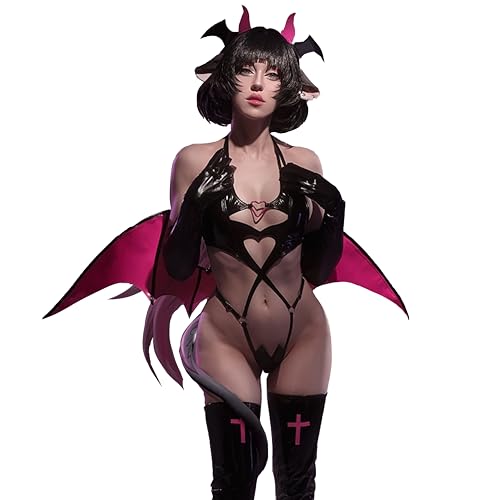 KORURACLUB Succubus Kostüm (6-teiliges Set) Schwarze Premium PU Cosplay Dessous für Frauen Red Wing Devil Dessous(M)