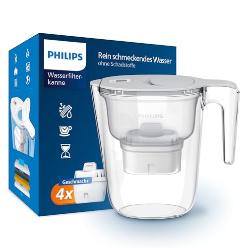 Philips Water Wasserfilterkanne +4 Geschmack+ Ersatzfilterkartuschen schneller Durchfluss elektronischer Timer filtert Chlor Kalk Schwermetalle und Mikroplastik 2,6 L