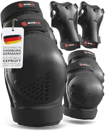 SKATEWIZ Knieschoner Kinder Schoner Inliner Kinder - Inliner Schoner Knieschützer - Protektoren - Knie und Ellenbogenschützer - Smash Größe M/L Schwarz