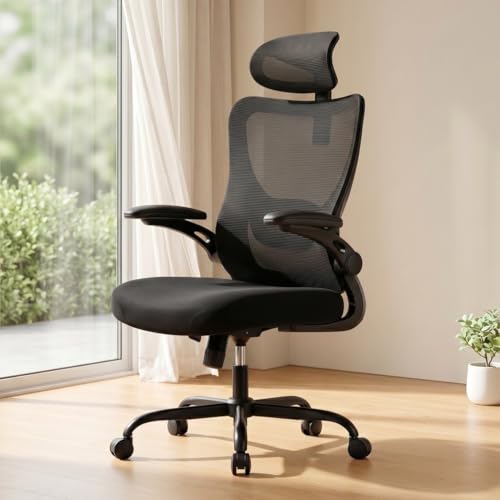 Marsail Bürostuhl Ergonomisch Schreibtischstuhl: Ergonomischer Bürostuhl mit 2D-Kopfstütze, 2D-Lendenwirbelstütze, klappbaren 3D-Armlehnen, 8 cm Sitzkissen, Höhenverstellung und 150kg Belastbarkeit