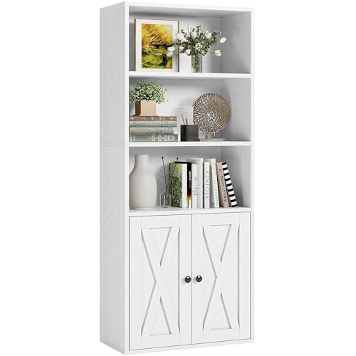 IRONCK Bücherregal mit 2 Türen, Standregal mit 5 Ebenen, Industriestil Bücherschrank, Vitrinenschrank Aufbewahrungsregal für Arbeitszimmer, Büro, Wohnzimmer, Schlafzimmer, Weiß