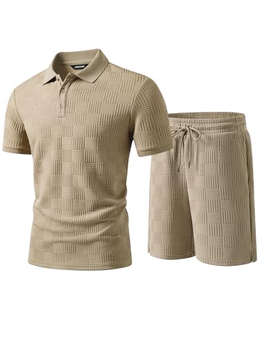 JMIERR Jogginganzug Herren Set 2-Teiliger Sommer Trainingsanzug Casual Textured Poloshirt Herren mit Baggy Shorts Freizeitanzug Männer Sportanzug Tracksuit Sets,Khaki L
