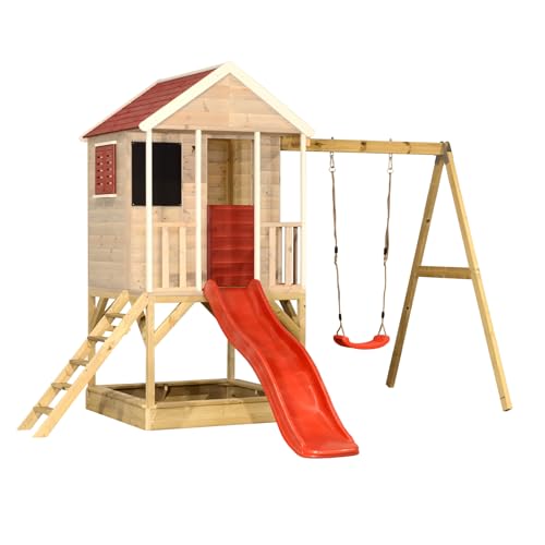Wendi Toys M9 Stelzenhaus Kinder Outdoor mit Rutsche und Schaukel, Spielhaus Holz FSC, Sandkasten, Tafel, Kinderspielhaus Outdoor für Garten, 90cm Podest, ab 3 Jahre, Rot