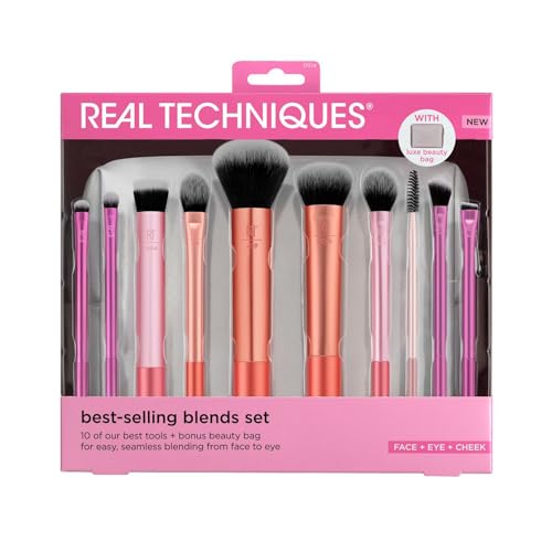 Real Techniques Blends Set, 10-Piece Makeup Brush Collection with Beauty Bag for Face and Eye, Use with Liquid, Cream, or Powder, Vegan, Cruelty-Free, Travel-Friendly, Easy to Clean