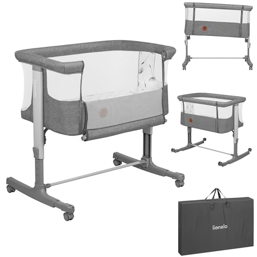 Lionelo Aurora 3 in 1 Babybett bis 9 kg, Beistellbett, Wiege, Höhenverstellug und Einstellung der Neigung der Matratze, 4 Räder mit Bremse Ergonomische Matratze Tasche