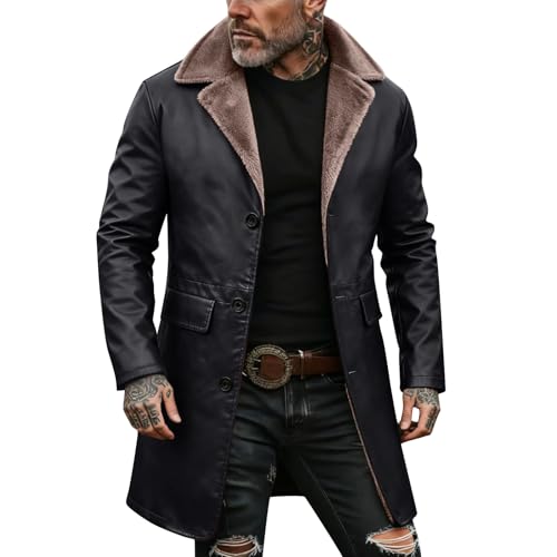 SOOUICKER Mantel Herren Winter Fell Wintermantel Lang Gefüttert Ledermantel Vintage Kunstleder Winterjacke Elegant Warm Trenchcoat Leder Fleece Lederjacke mit Fellkragen