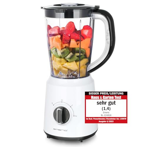 EMERIO Standmixer mit Crush Ice Funktion, 1.5l Behälter, 2 Geschwindigkeiten + Pulse Funktion, Messereinheit aus Edelstahl, Sicherheitsschalter, teilweise geschirrspülgeeignet, 500 Watt, BL-124816.7