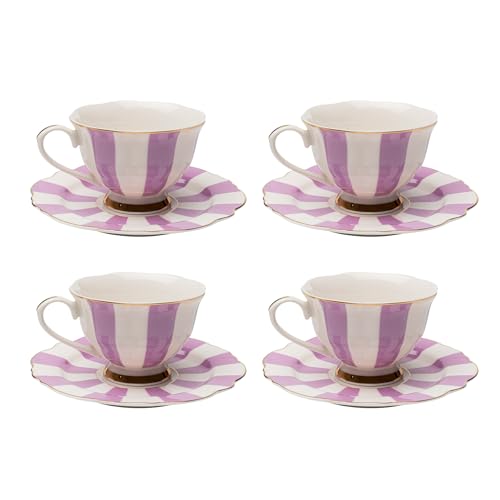 Kare Design Kaffeetasse Harlequin mit Untertasse, Tassen-Set, 4-teilig, Lila, 180ml, Handgearbeitet, Geschirr-Set aus Porzellan mit Muster und Goldrand