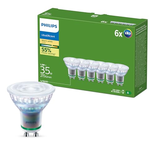 Philips UltraEfficient LED-Lampen GU10 Spots, 6er-Pack, 215 Lumen, 35 W, Flimmerfrei, Augenkomfort, Lange Lebensdauer, Warmweißes Licht 2.700 K