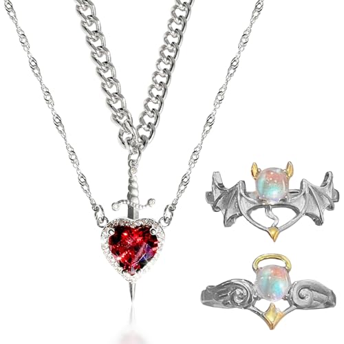 Y2K Emo Schmuckset – Silberfarbene Statement Kette mit Herz-Schwert-Anhänger & Partnerringe – Vintage Y2K Accessoires für Paare & Liebhaber des Gothic-Stils – Perfekte H2O Kette & Emo Kette