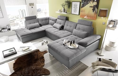 JAKARTA Wohnlandschaft in U-Form, Stoffbezug Schwarz / Lava - Ausziehbares Sofa mit Schlaffunktion & Bettkasten - 324 x 107 x 170 cm (B/H/T)