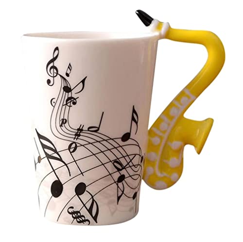 eKsdf Keramiktasse Musik Motiv Kaffeebecher mit Saxophon Henkel Lustige Teetasse Porzellan Tasse Keramik Kaffee Becher Geschenk für Freunde Kollegen (Gelb)