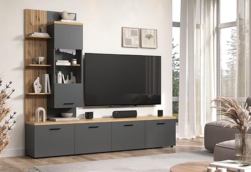 trendteam smart living Baggio Wohnwand Grau/Eiche Kombination aus Hängevitrine und 2 Lowboards (BxHxT) 240 x 212 x 40 cm für TV bis 65 Zoll