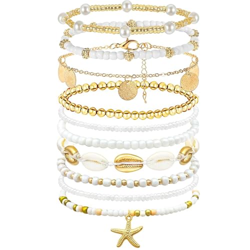 JSTHHTT 10 Pcs Fußketten für Damen, Muschelkette damen Fußkettchen Set für Damen, Fußkettchen von Fußketten, Sommer Accessoires, Fußkettchen Set Seil Link Strand Fußkettchen für Damen