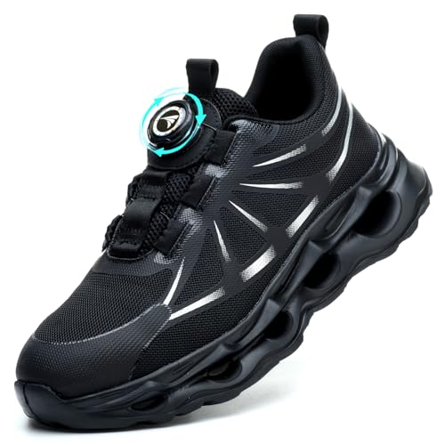 RASEARY Arbeitsschuhe Herren Damen Sicherheitsschuhe mit Stahlkappe Leicht Stahlkappenschuhe Schutzschuhe mit Drehbaren Schnallenschnürsenkeln Safety Shoes,Schwarz EU 44