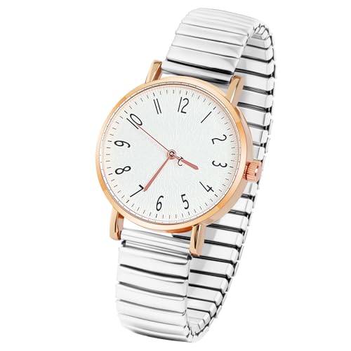 AOOSU Damenuhr Stretch Armband, Damen Analog Quarz Uhr Elastisch Armbanduhr Große Ziffern Uhren Damen Einfache Lässig Quarzuhr Kleideruhr Klare Lesbare - Weiß