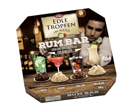 Edle Tropfen in Nuss Rum Bar 100g, flüssig gefüllte Schokoladenpralinen mit Milchschokoladen-Überzug und knackigen Haselnuss-Splittern