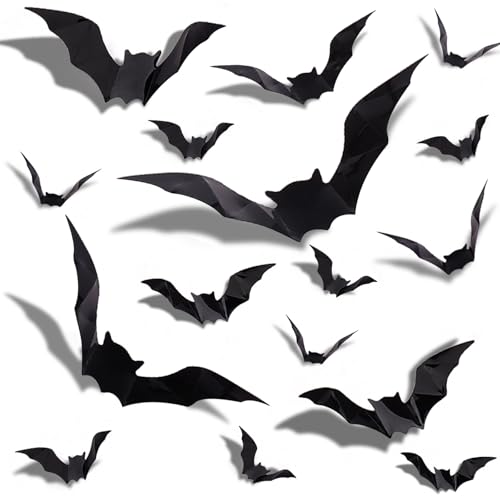 GoldRock 4 Größen 3D Fledermaus Deko Halloween Sticker, 32 Stück Halloween Deko Fledermäuse Wandaufkleber,Fledermaus Aufkleber Schwarz,Gothic Fensterbilder Helloween Dekorationen für Wand,Fenster,Tür