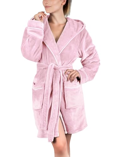 Gräfenstayn Bademantel Damen flauschig mit Kapuze - Kuschelfleece - Öko-Tex Standard 100 - Morgenmantel leicht & kurz - Größe (S, Rosa)