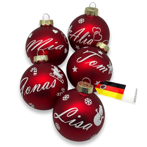 Weihnachtskugel Glas 6/8/10 cm ⌀ personalisiert – mit Name, Motiv oder Buchstabe –, Geschenkidee mit Herz, Weihnachtsmann, Stern,Herzen – Handgemacht & einzigartig (Rot)