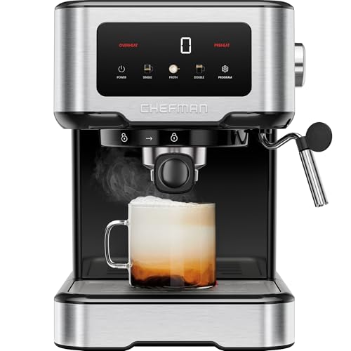 Chefman CraftBrew Siebträgermaschine, 15-Bar-Pumpe, digitaler Touchscreen, Dampfstab für Latte & Cappuccino, kompakte Espresso-Kaffeemaschine mit abnehmbarem 1,5-Liter-Wassertank – Edelstahl
